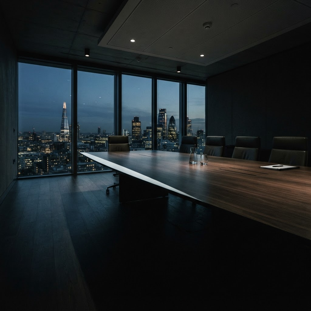 An empty boardroom at dusk overlooking the City of London