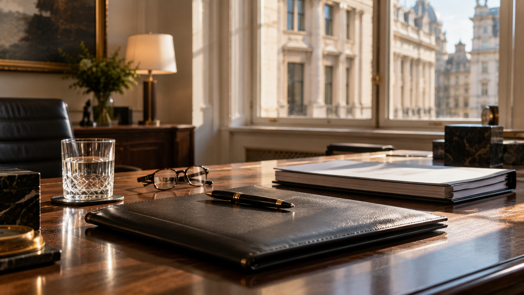 A leather folio, pen and reading glasses on a desk beside a window onto a City of London street