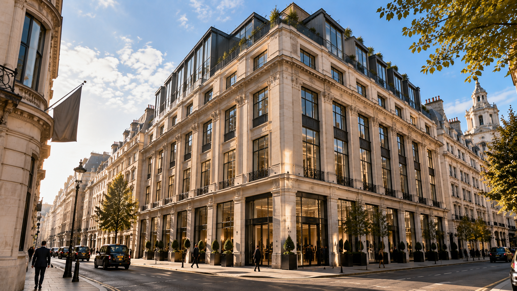Street level detail of a classical stone building on a City of London street