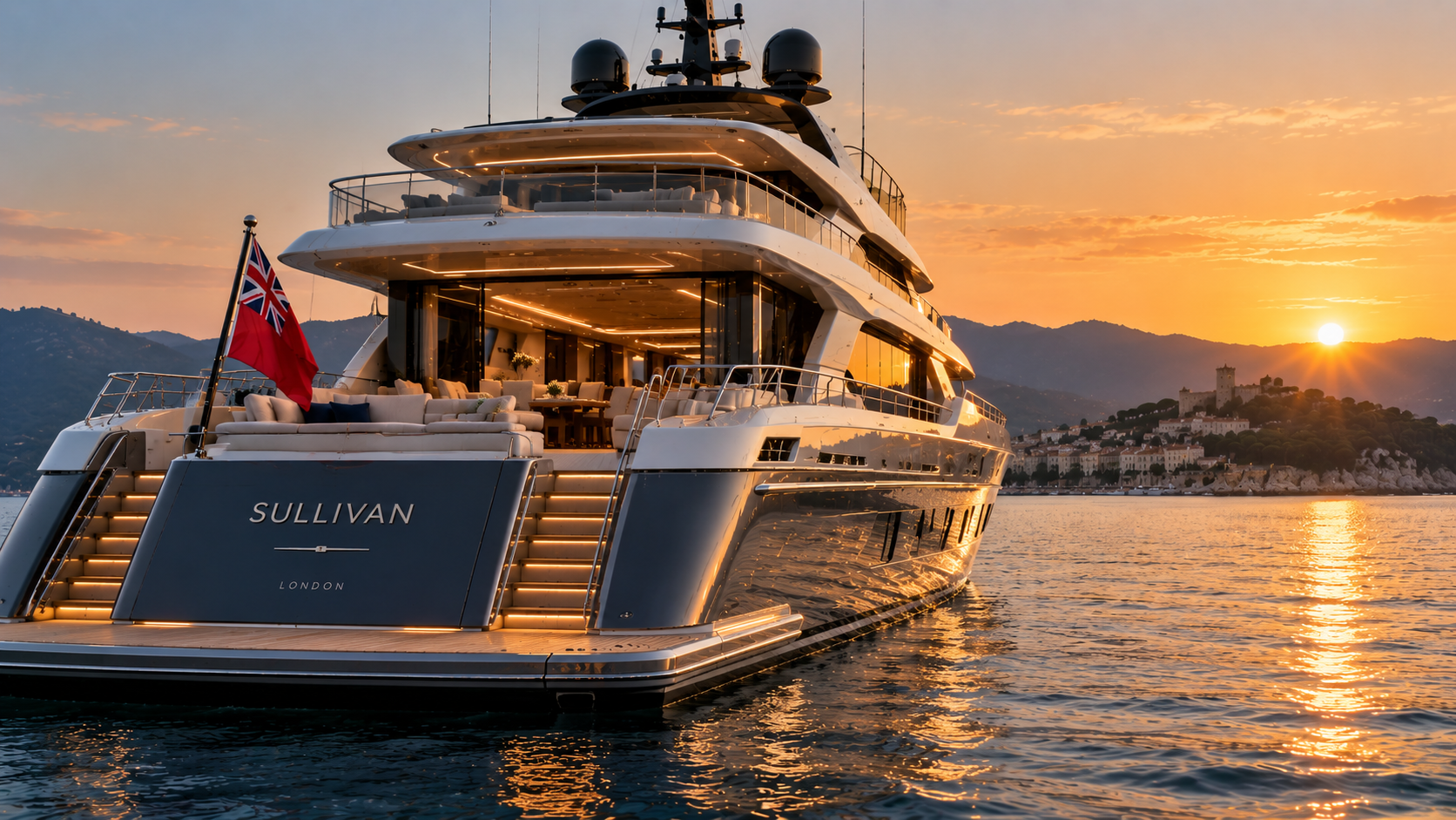 A Sullivan-liveried superyacht at anchor at sunset